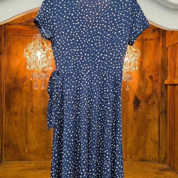Gilli Blue Ivory Polka Dot Faux Wrap Fit & Flare Dress XS Side Tie Stretch NWT - Picture 6 of 7